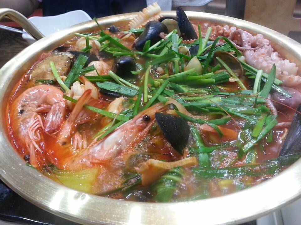 Lots of Seafood Cooked in a Big Pot with White Wine, Tomatoes, and Chiles de Arbol (Plus Tahini Halva Brownies)